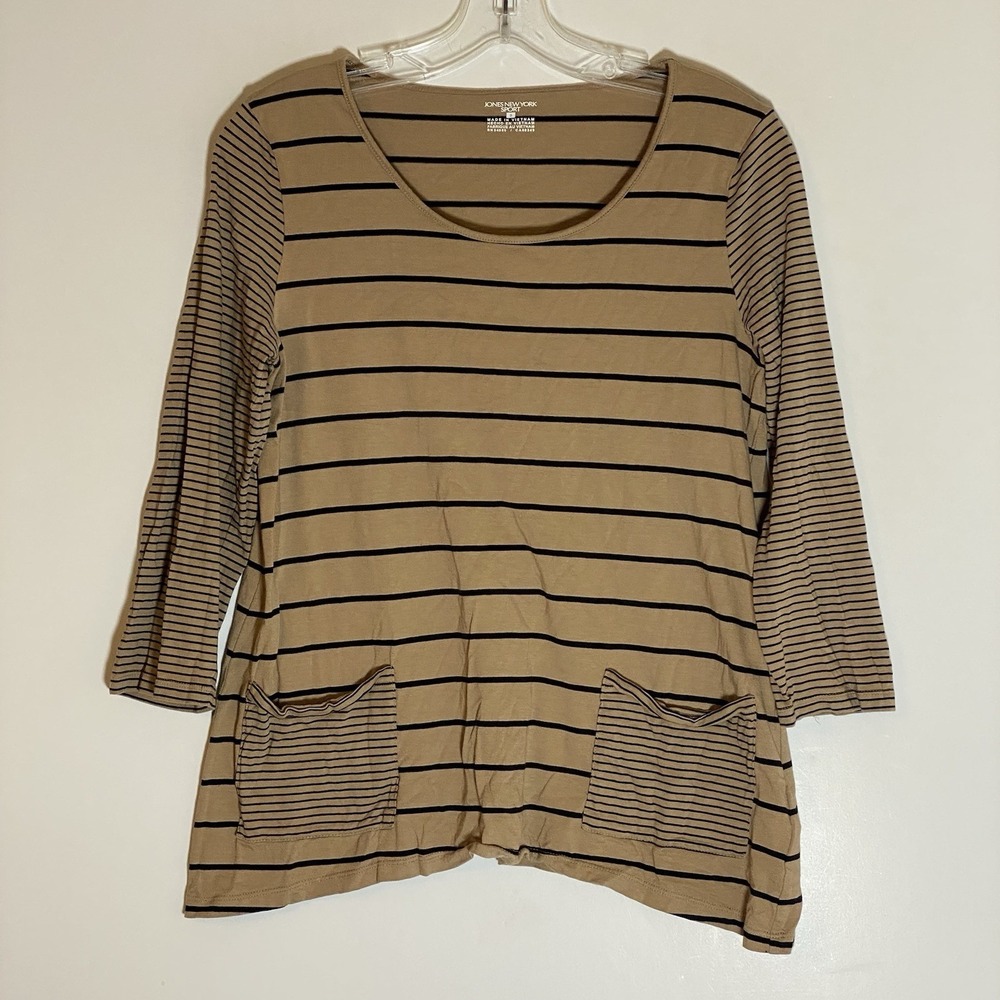 Jones New York Sport Top Womens Small Tan Striped Cotton Pockets Crewneck Casual